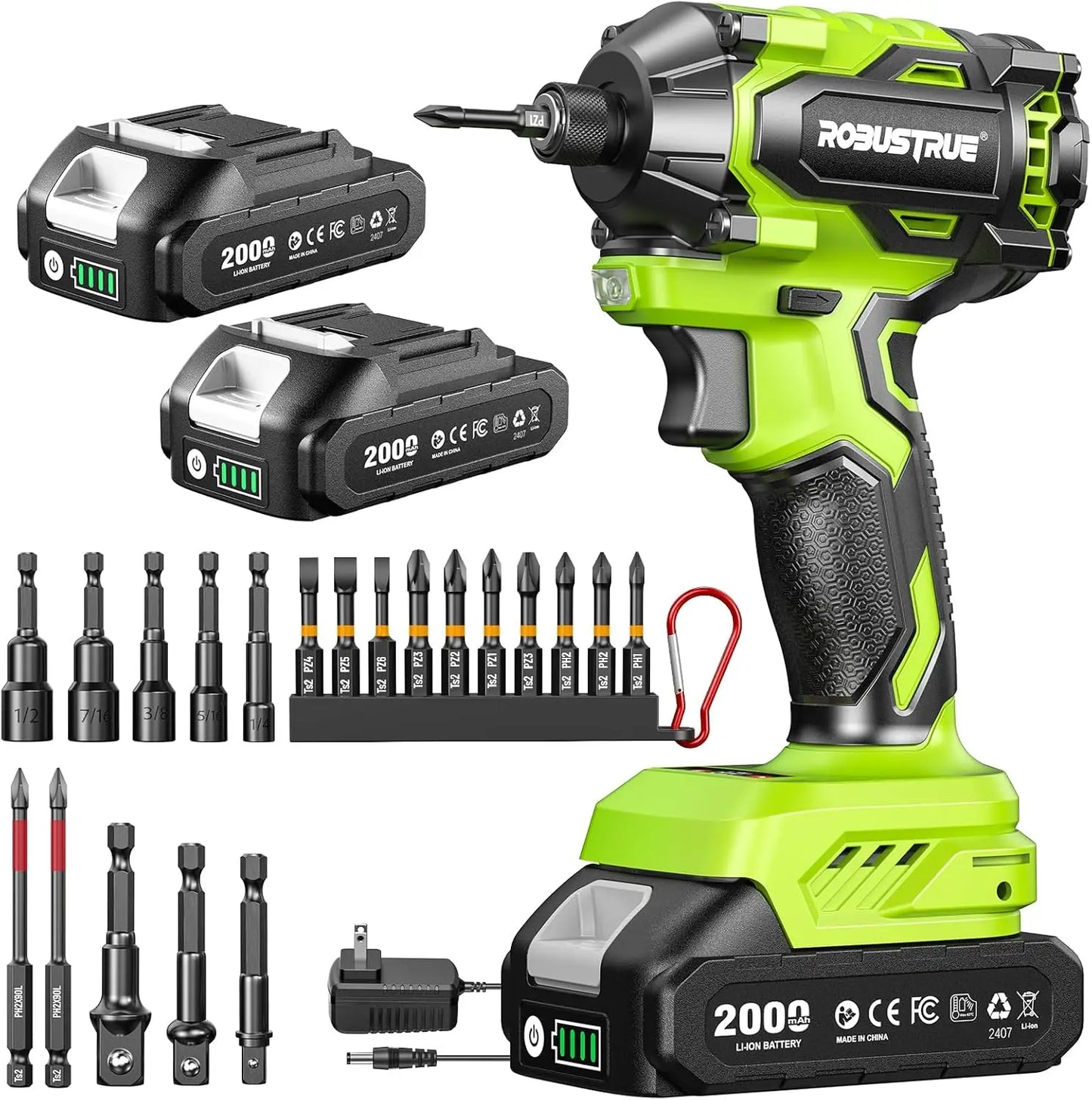Robustrue Electric Screwdriver 21V 1/4" Hex Cordless Impact Driver 230N.m Brushless Impact Driver Drill Set with 2.0 Ah Battery Variable Speed