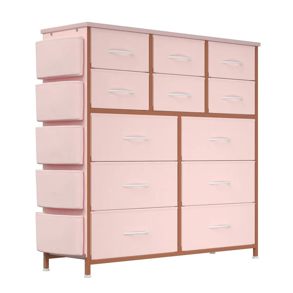 12 Drawer Dresser for Bedroom Fabric Storage Chest with Wood Top Steel Frame Side Pockets Hooks Organizer Cabinet for Living Room Entryway Bathroom Rustic Brown