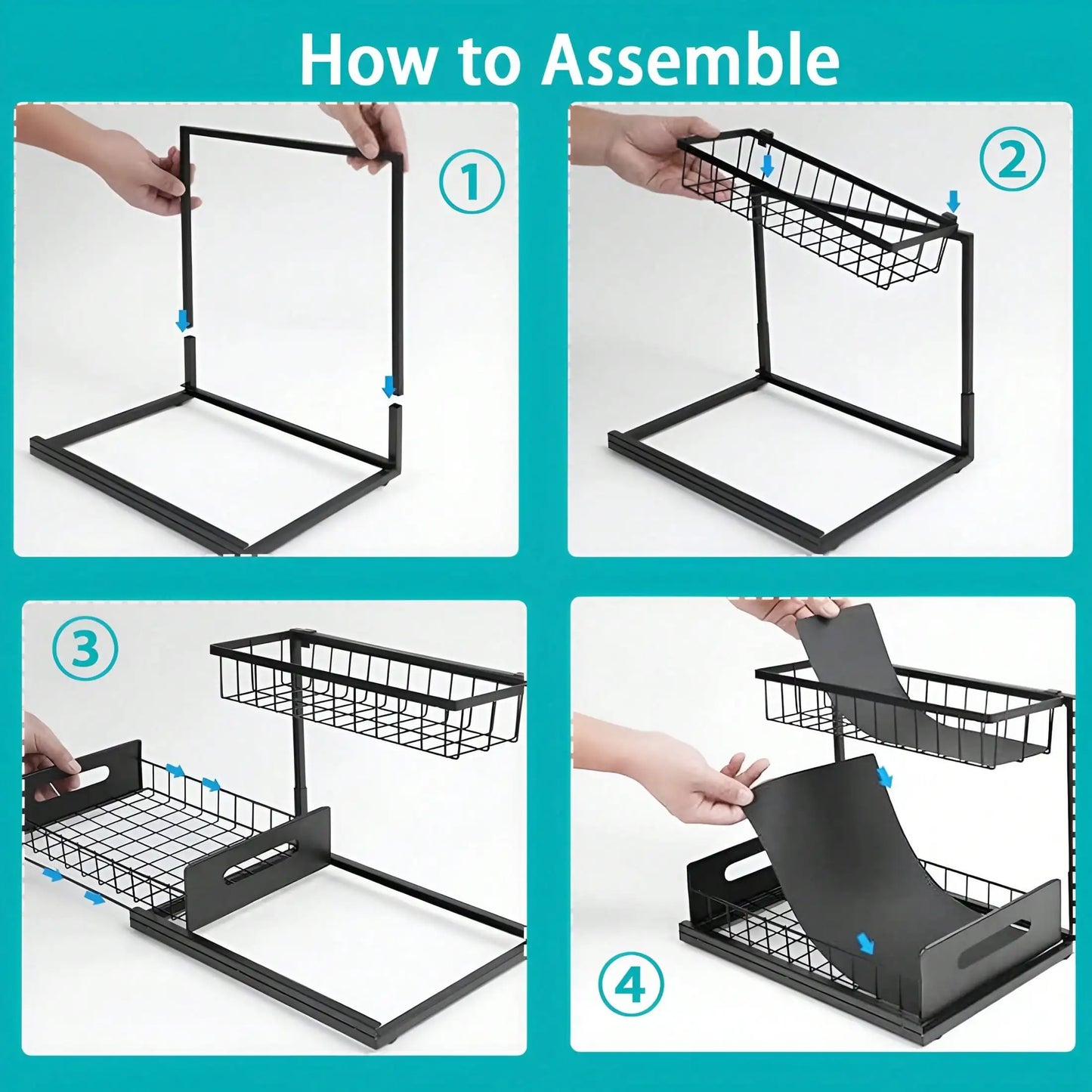 Under Sink Organizer Rack 2 Tier Under Sliding Cabinet Basket Organizer Drawer , Multi-Purpose Under Sink Storage For Bathroom Kitchen Desktop (Black)