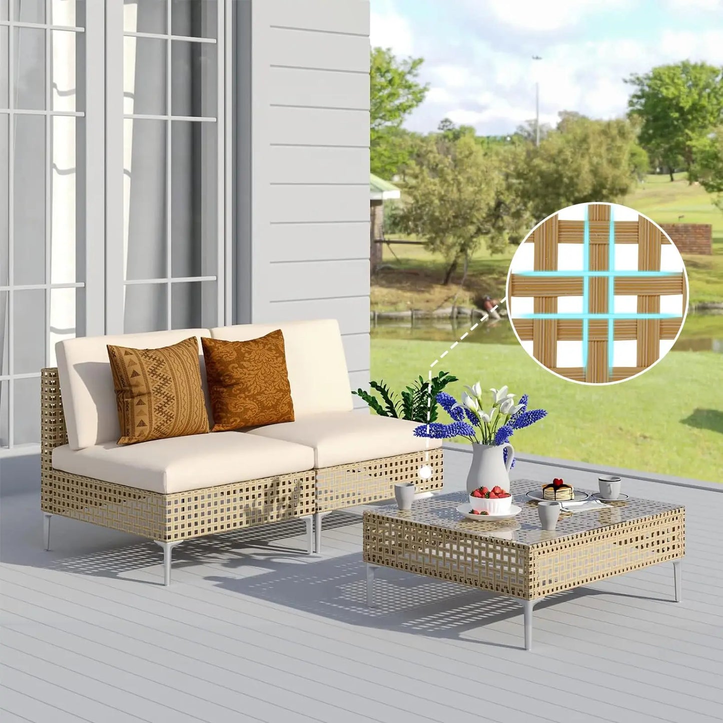 Boho Outdoor Conversation Set In Wicker With Water Resistant Cushions