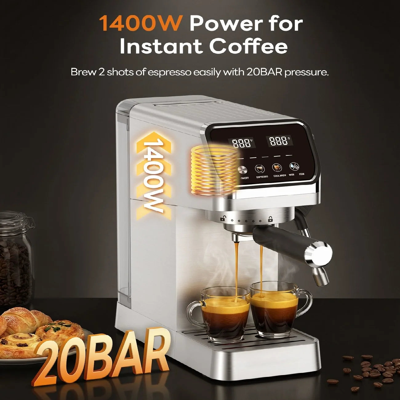 20 Bar Espresso Maker with Milk Frother and Touchscreen 1400W Fast Heat Coffee Machine for Latte Cappuccino Compact Stainless Steel for Home Office Easy to Use