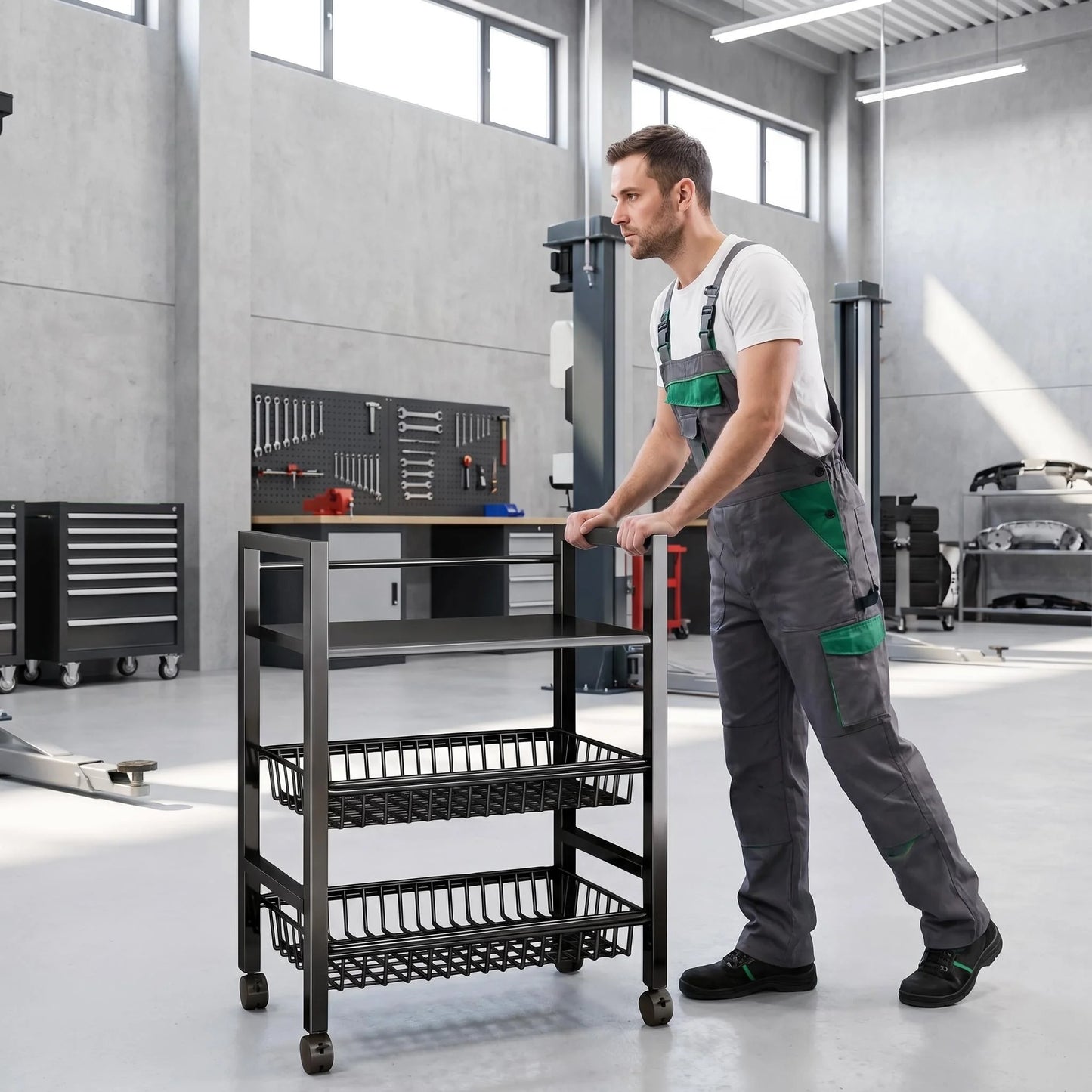 3-Tier Rolling Storage Cart with 2 Pull Out Mesh Baskets Carbon Steel Heavy Duty Utility Shelf for Garage Workshop Kitchen Easy Movement Fits Narrow Gaps