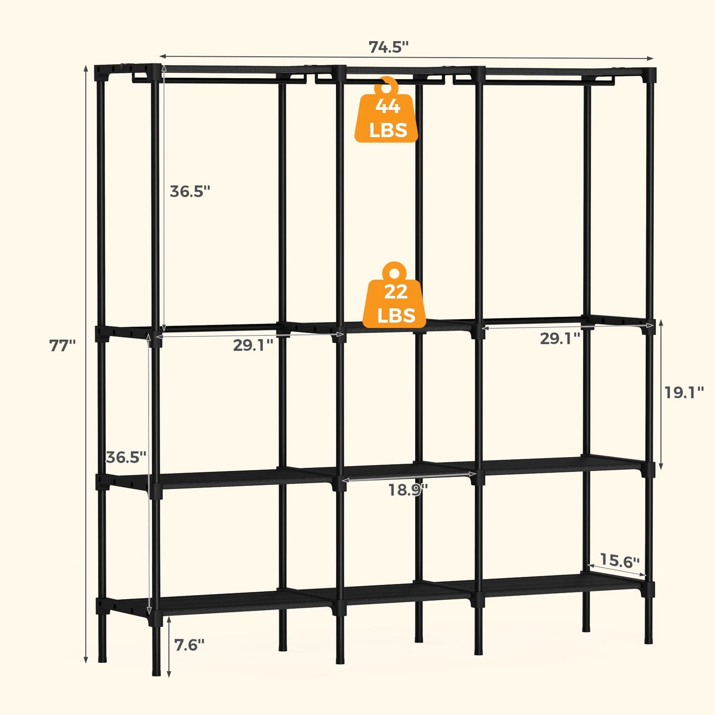 JHK 72IN to 81IN Portable Three Rows Wardrobe Closet with Hanging Rods Clothing Rack with Shelves Mudroom Storage Organizer