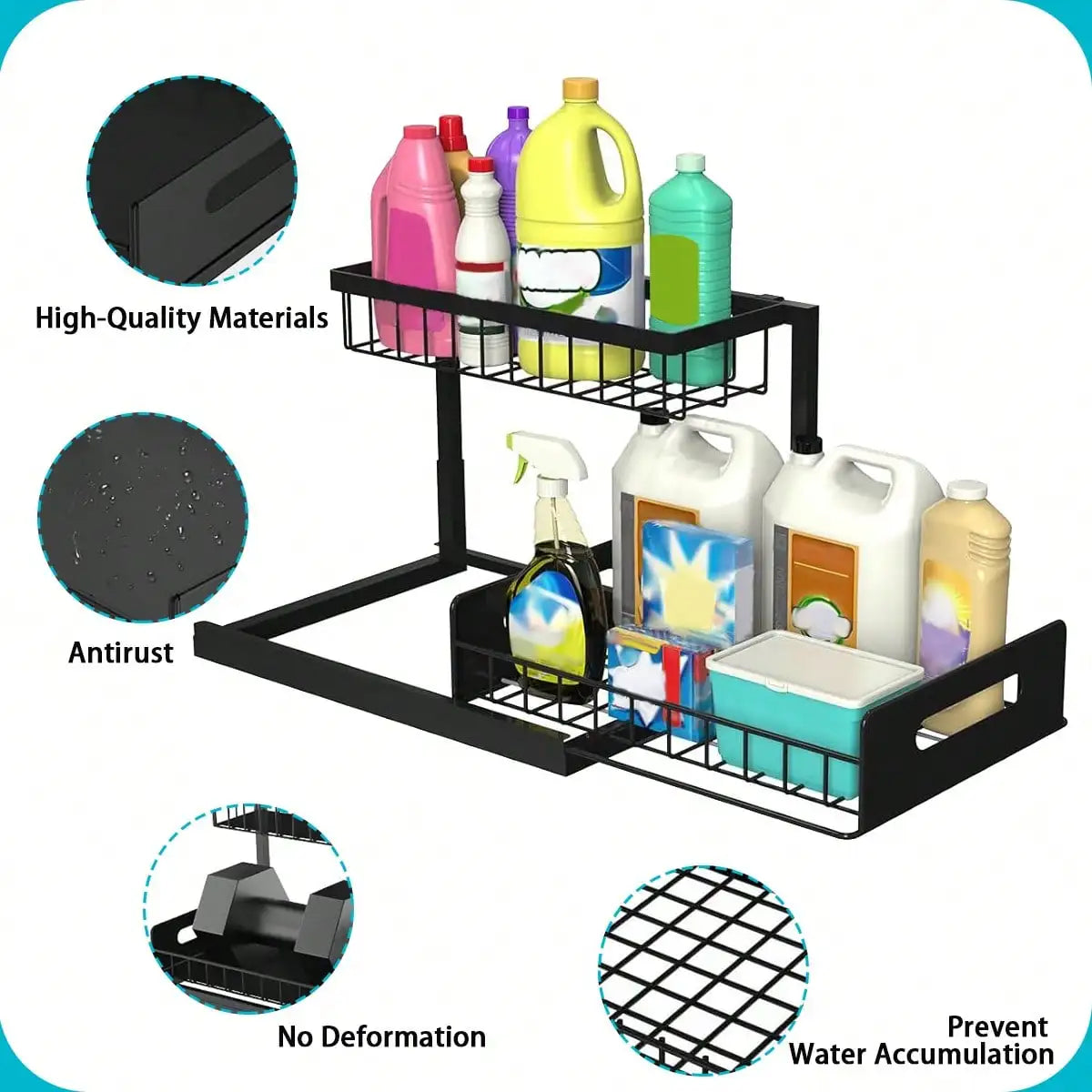 Under Sink Organizer Rack 2 Tier Under Sliding Cabinet Basket Organizer Drawer , Multi-Purpose Under Sink Storage For Bathroom Kitchen Desktop (Black)