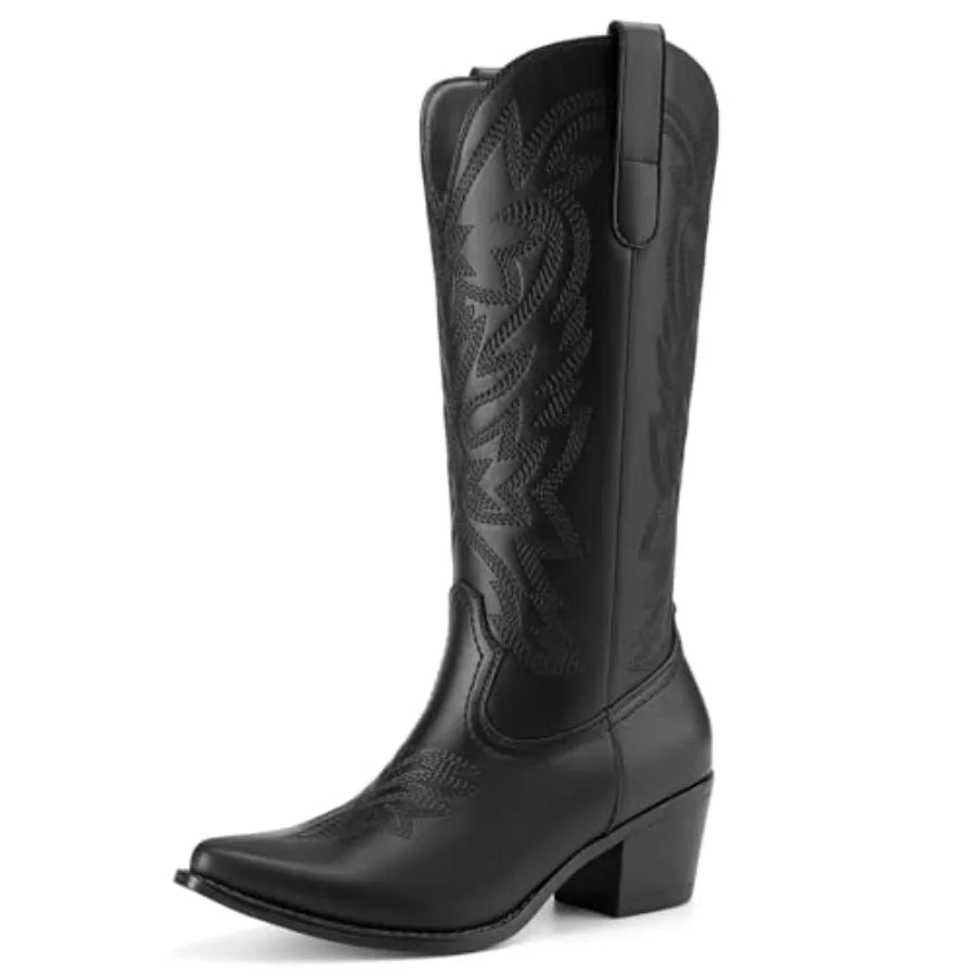 Women Cowboy Boots Embroidered Snip Toe Mid Calf Western