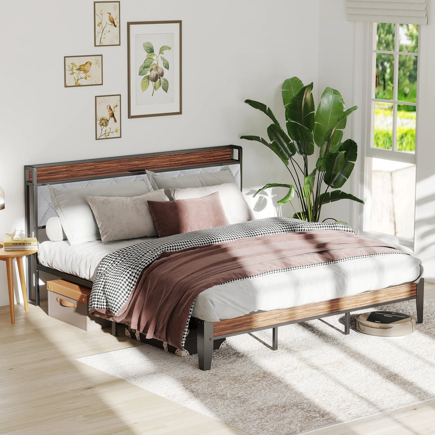 JHK King Size Metal Bed Frame With Storage And Charging Station