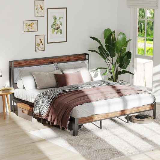 JHK King Size Metal Bed Frame With Storage And Charging Station