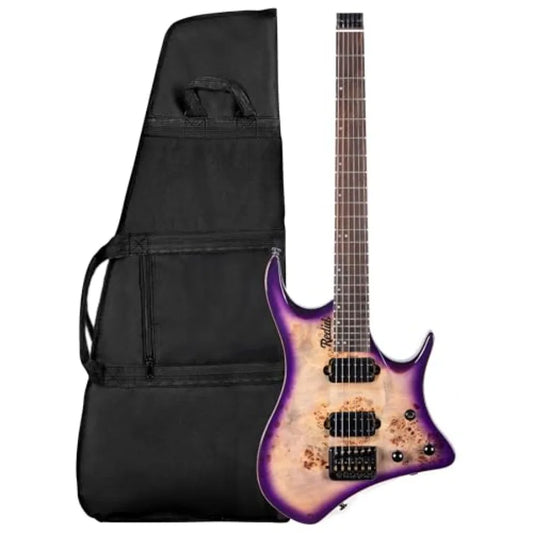 Travel electric guitar for on-the-go playing, mahogany body with maple neck, black finish, lightweight headless design with dua