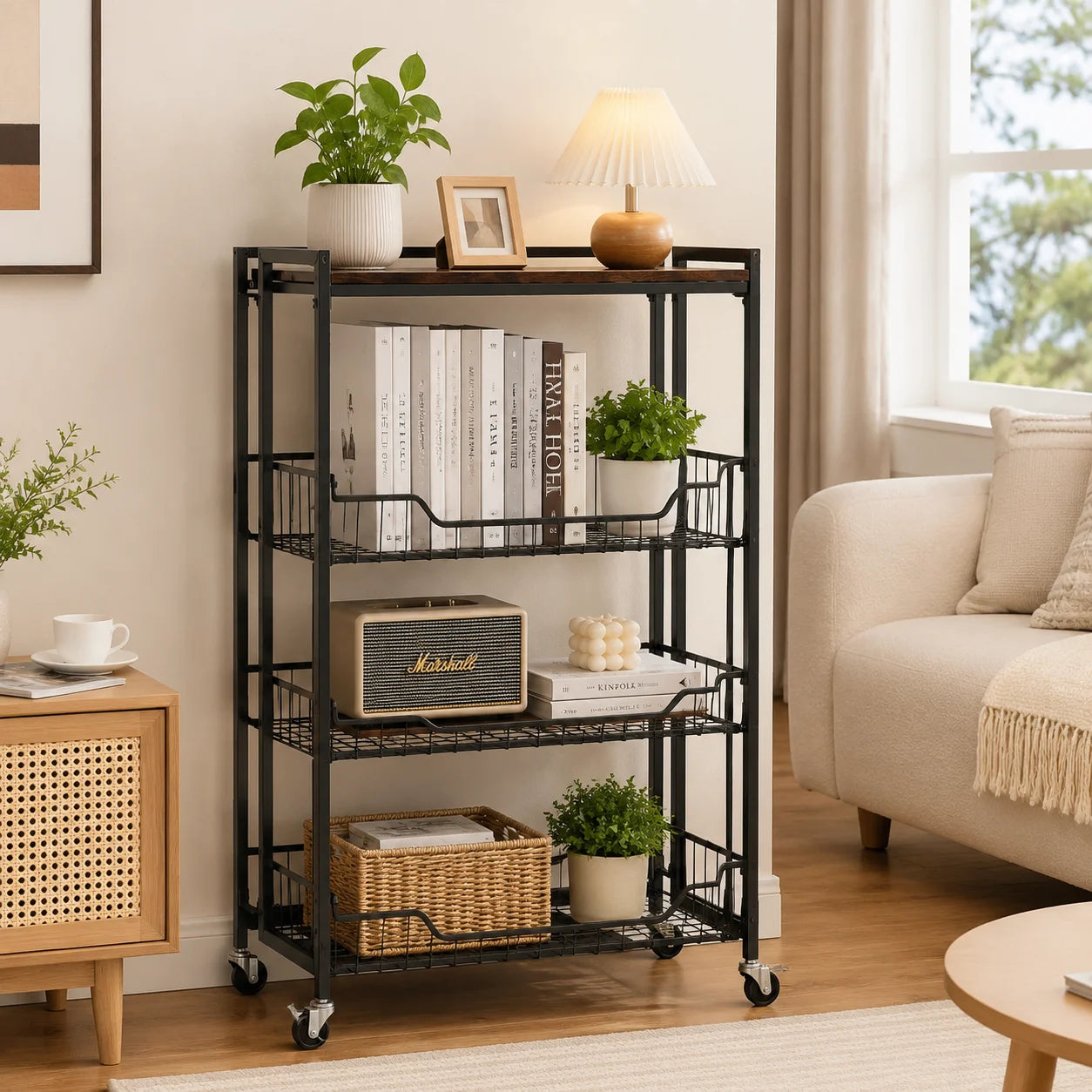 Large 4-Tier Foldable Storage Cart with Lockable Casters, 100 Lbs Capacity Expandable Kitchen Organizer, No Assembly Heavy Duty Garage Shelving Utility Rack, Black