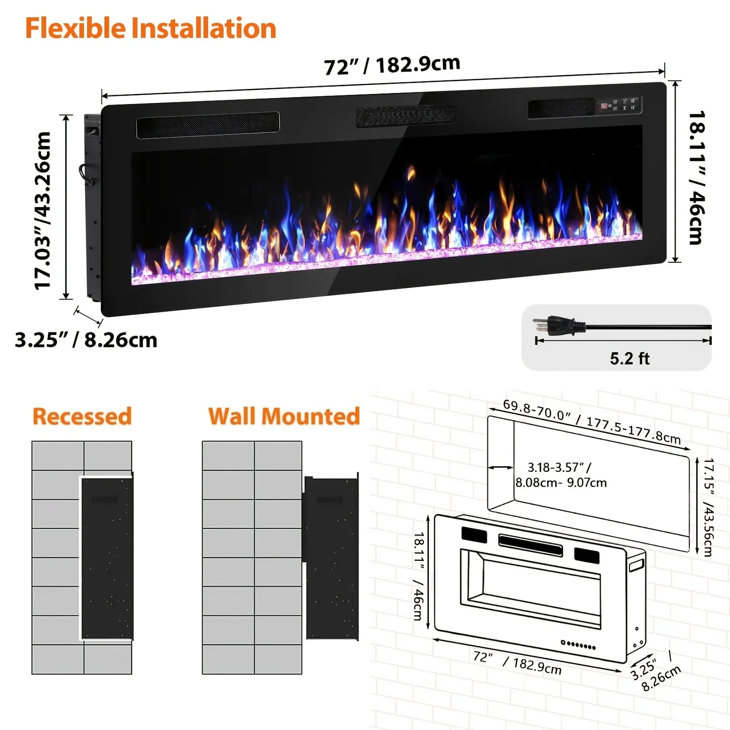 Electric Fireplace Wall Mount Freestanding Inset With Timer Dimmer
