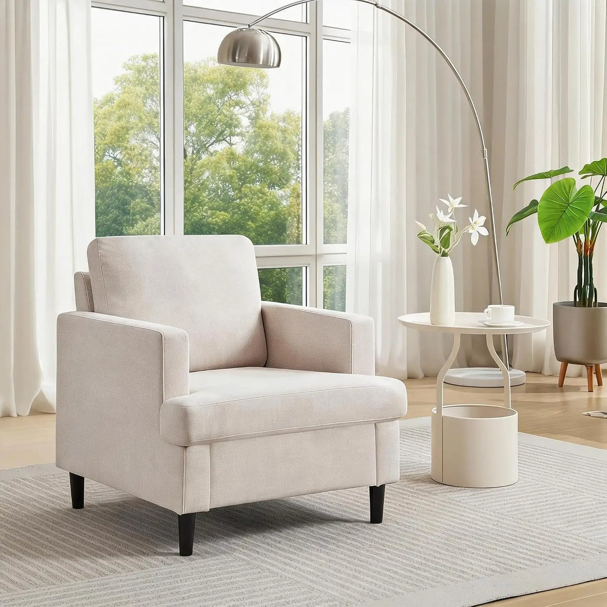 Garvee Mid-Century Modern Accent Chair Linen Fabric Reading Armchair Deep Seat High-Density Foam Solid Wood Legs, Comfy Chair for Small Space, Apartment