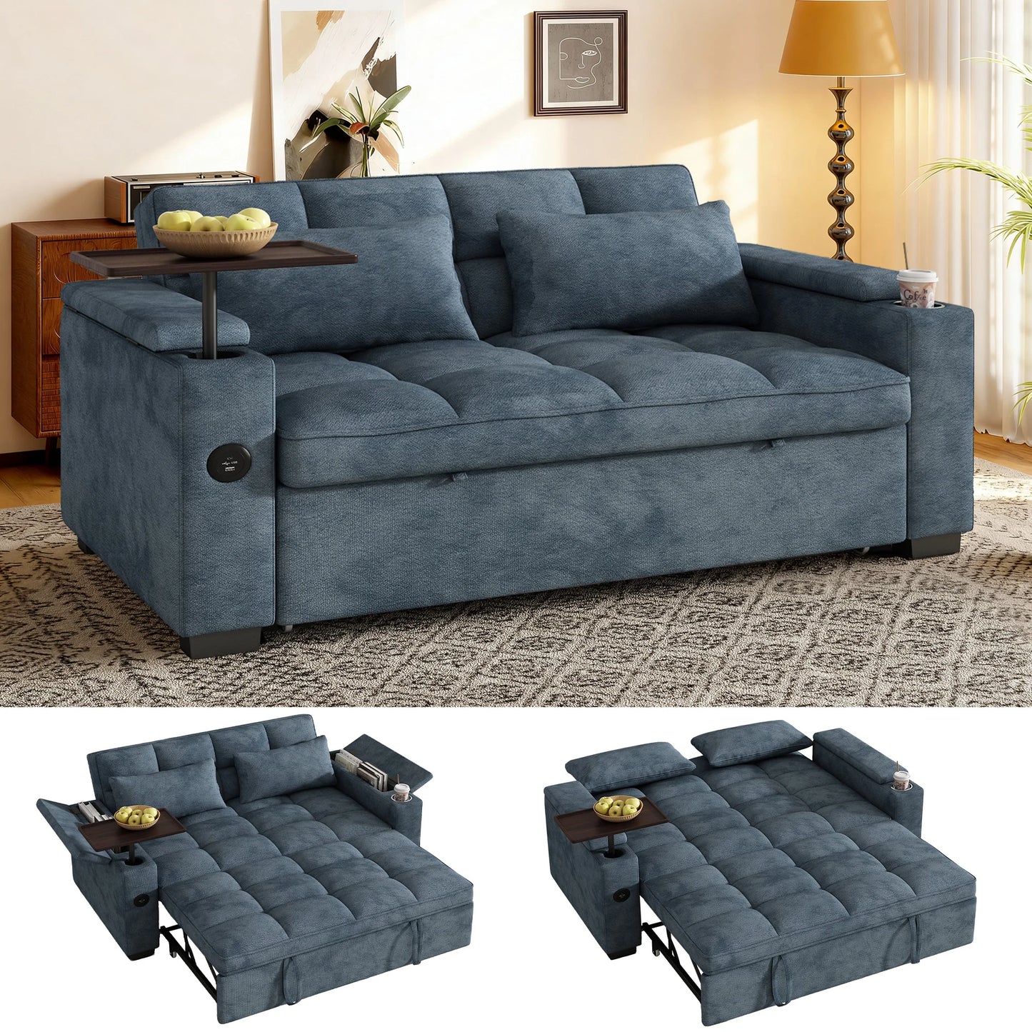 65 Inch Foldable Sofa Bed With Swivel Table And USB Charging