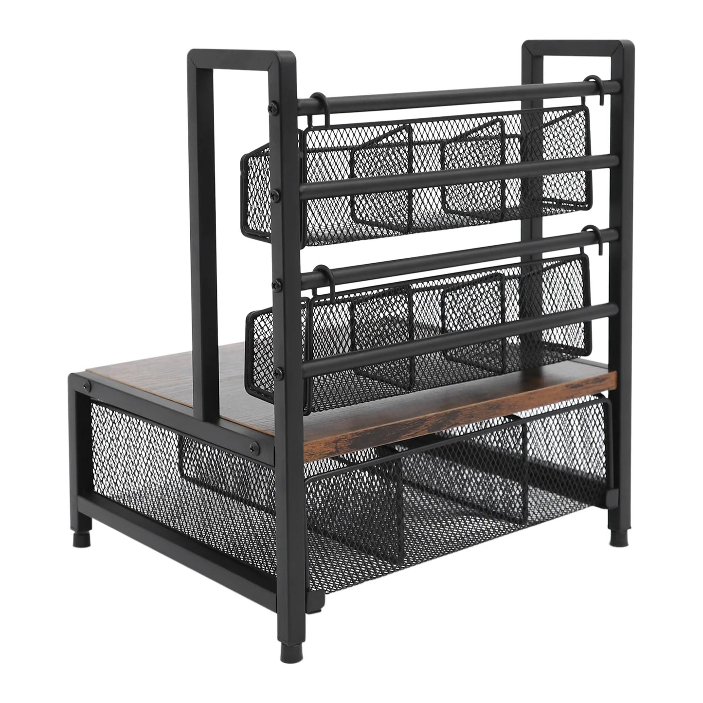 Tea Bag Organizer 3-Tier Countertop Storage Holder with 2 Wire Baskets & Drawer Industrial Rustic Metal Wood Frame for Coffee Pods Sugar Packets Spices