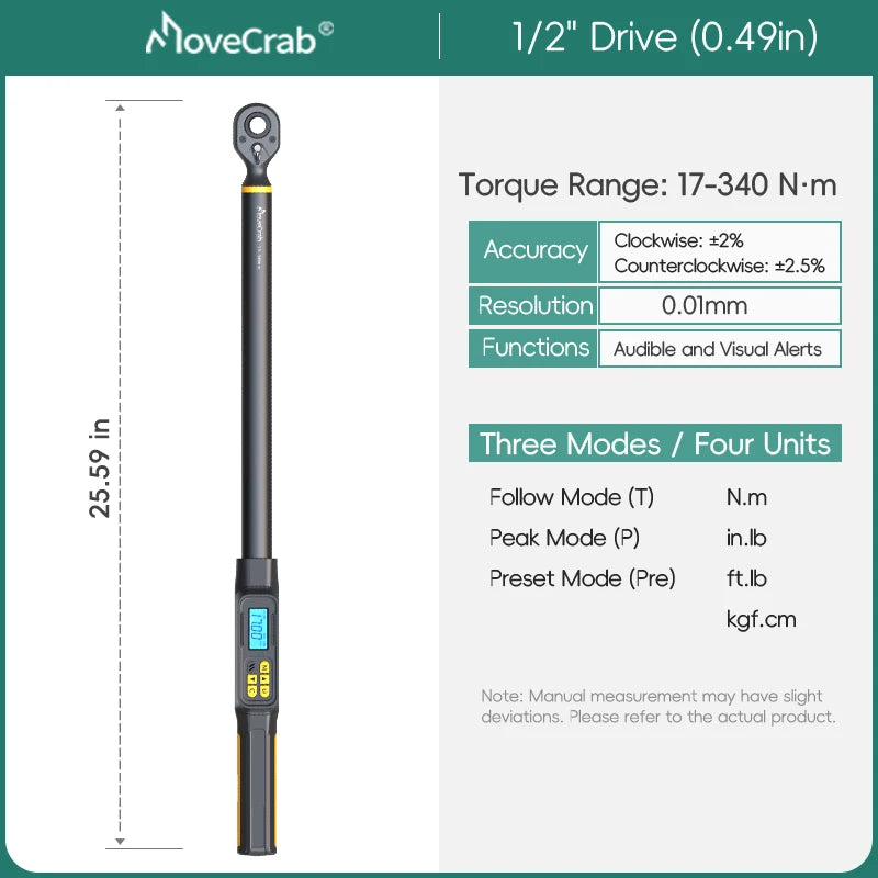 MOVECRAB 1/2 3/8-inch Drive Digital Torque Wrench 3-340N.m/2.2-250.8ft-lb Preset with LED/Buzzer Alerts for for Bike Motorcycles Automotive Mechanical