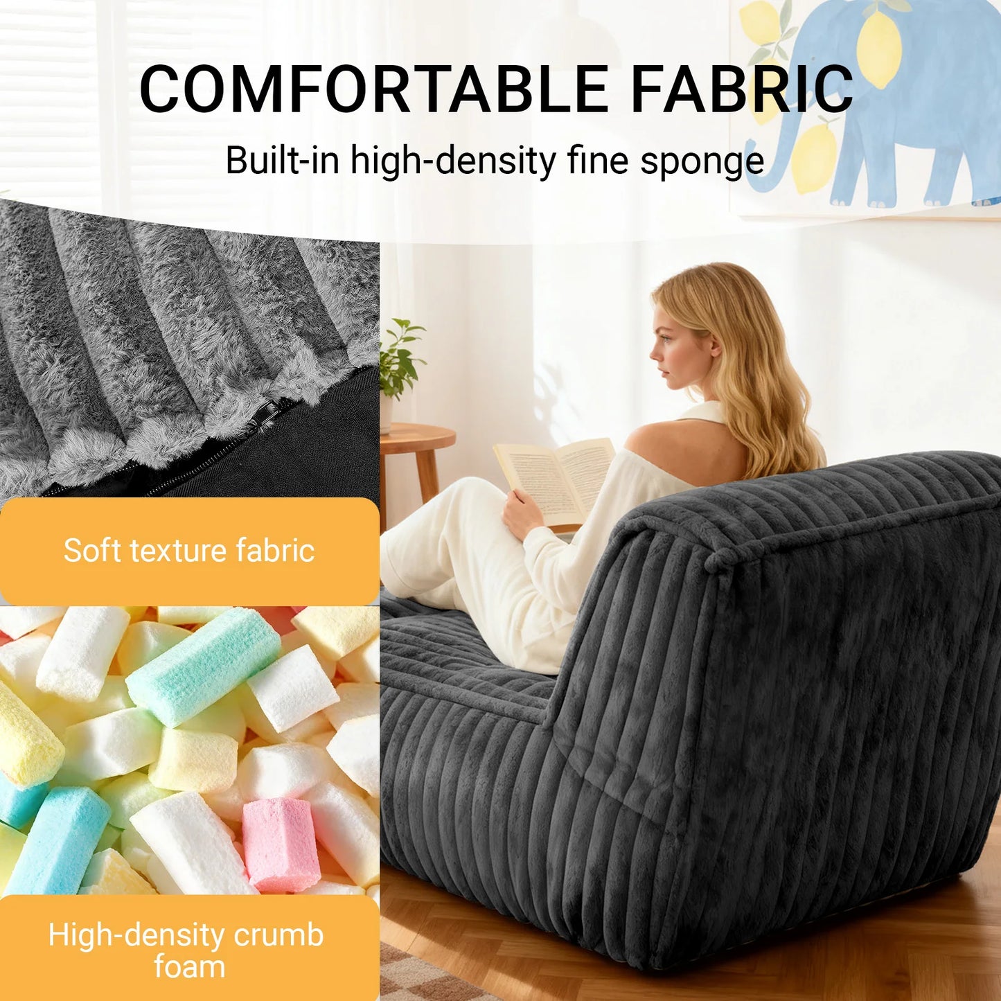 Bean Bag Chair With Corduroy Fabric And Lumbar Support Convertible