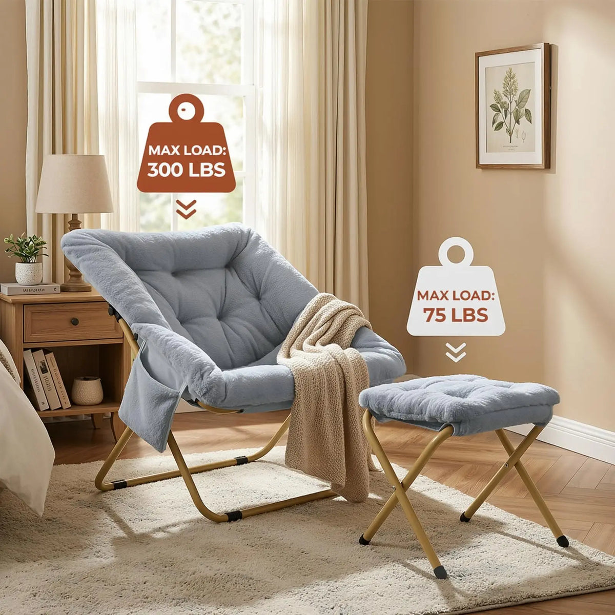 Comfy Saucer Chair with Ottoman,Foldable Lazy Chair Lounge Reading Chair for Adults,Moon Chair for Living Room, Bedroom, Dorms