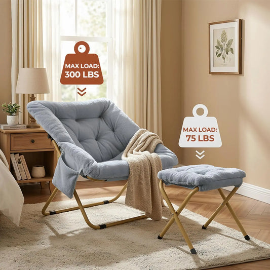 Comfy Saucer Chair with Ottoman,Foldable Lazy Chair Lounge Reading Chair for Adults,Moon Chair for Living Room, Bedroom, Dorms