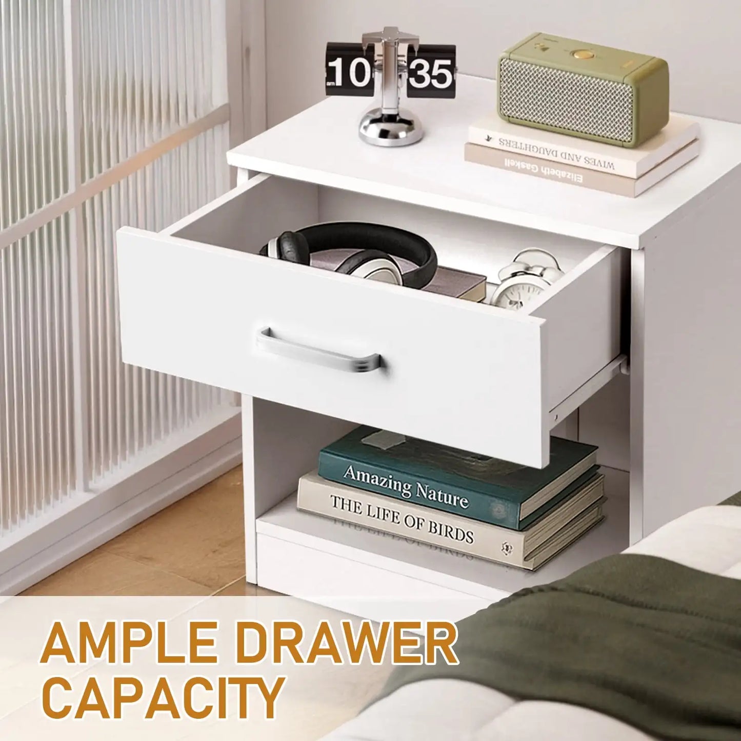 White Set Of 2 Wood Elegant Night Stand W/1 Drawer Storage Beside End Table