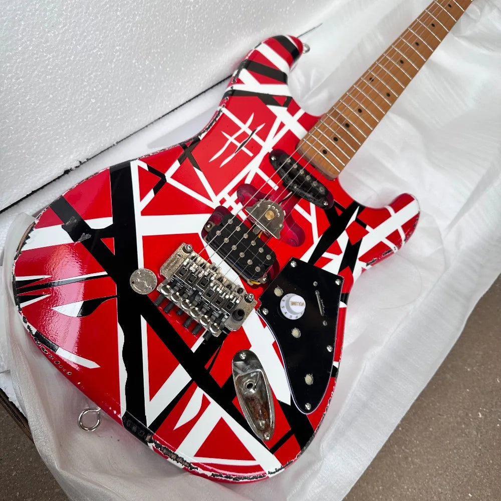 US Shipping  ST Electric Guitar Red/Black/White Striped Finish, Maple Fingerboard, SH Pickup Configuration, Vintage Tremolo System For Rock Players Free Shipping