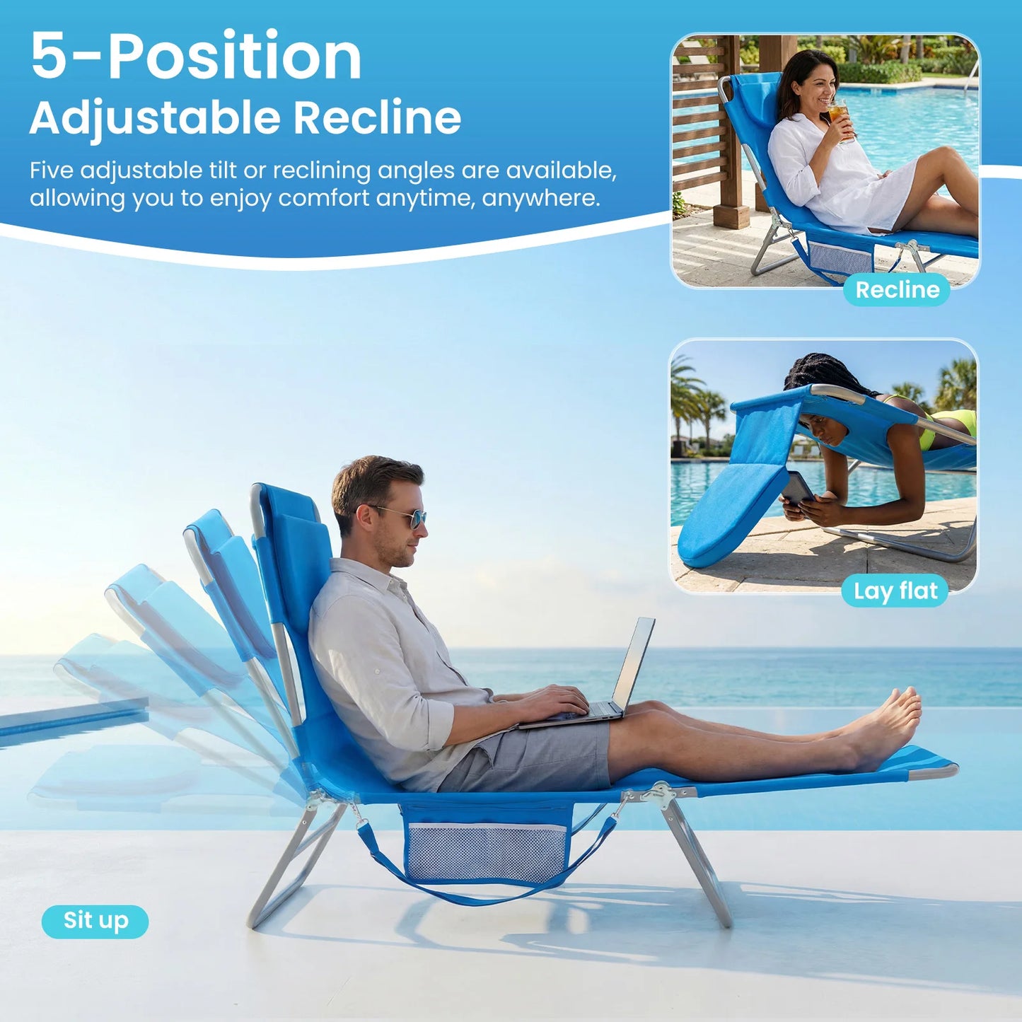 Jhk Portable Folding Lounge Chair With Arm Cutouts For Outdoor Patio