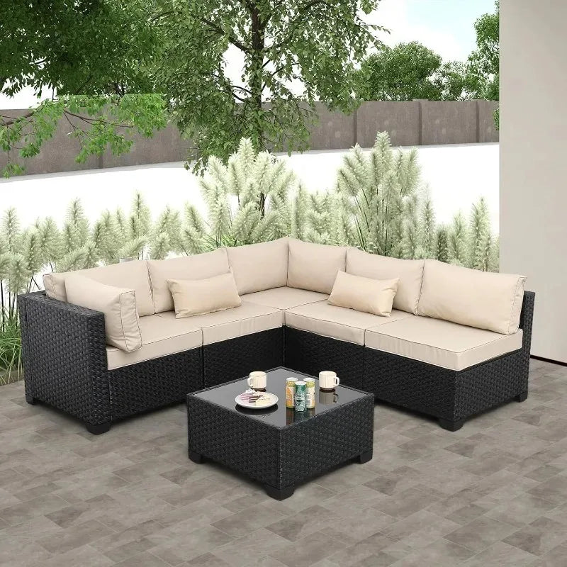 All Weather Wicker Outdoor Patio Sectional Set With Glass Table Cushions