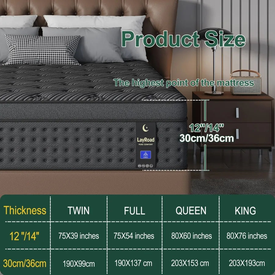 12inch Memory Foam Hybrid Mattress With Pocket Springs, Twin, Full, Queen, King, Sizes In A Box, Medium Firm, Mattresses For Support Comfort, Fiberglass-Free Suitable For Home Bedrooms, Hotels And Halls Of Residence