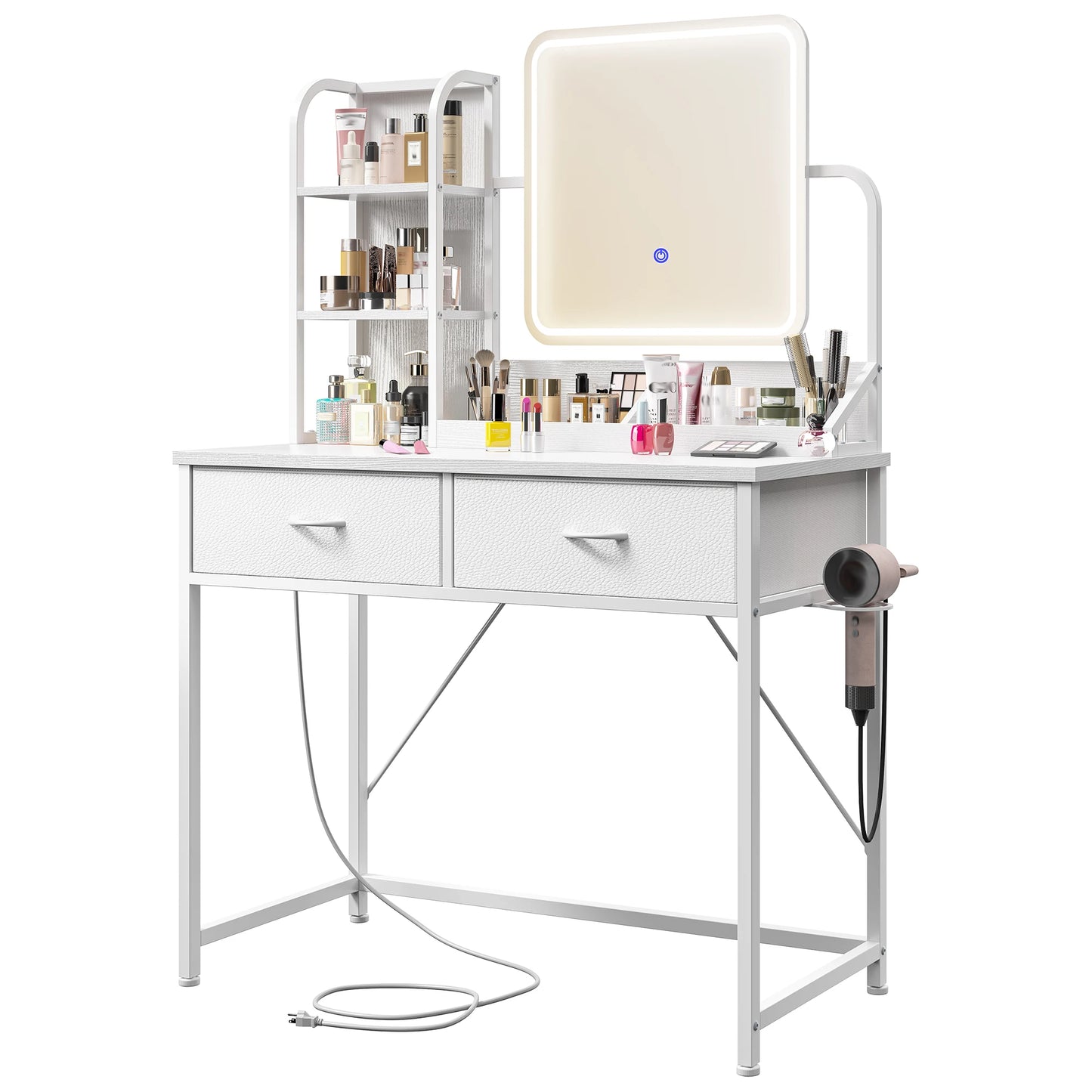 EnHomee LED Makeup Vanity Desk with 2 Fabric Drawers & Power Charging Station, Space Saving Dressing Table Dresser for Bedroom Dorm