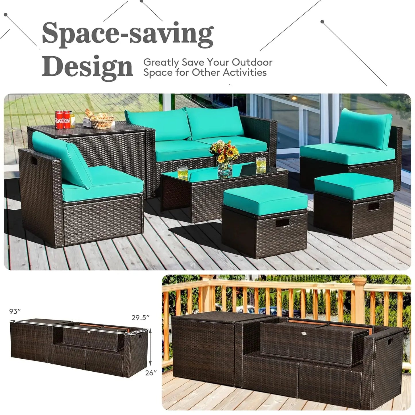 Rattan Outdoor Furniture Set With Glass Table And Storage Ottoman