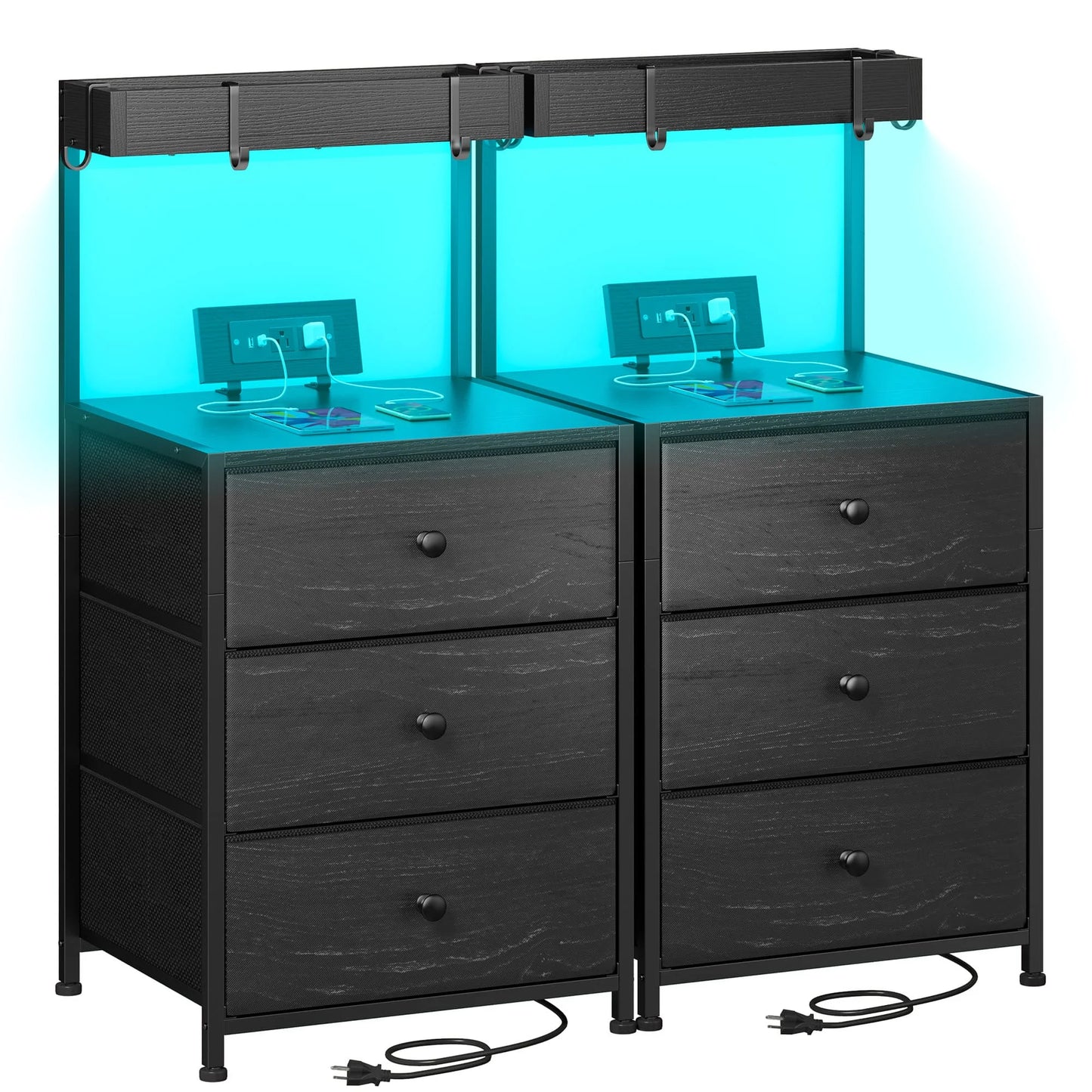 EnHomee 2 Pack Nightstands, LED RGB Bedside Table with Charging Station, 3 Fabric Drawers Side Table with Shelf & Hooks for Bedroom Entryway Closet