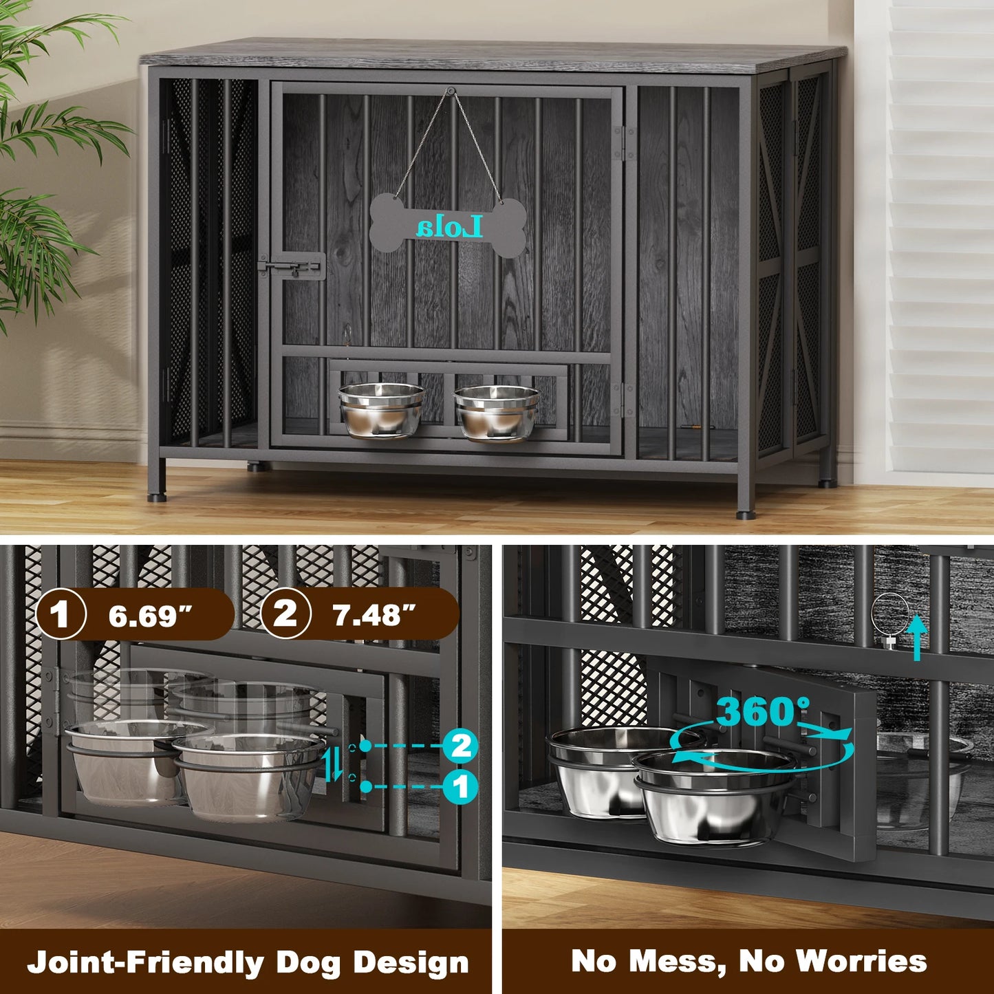 Foldable Wooden Dog Crate Kennel For Indoor Use With Bowls