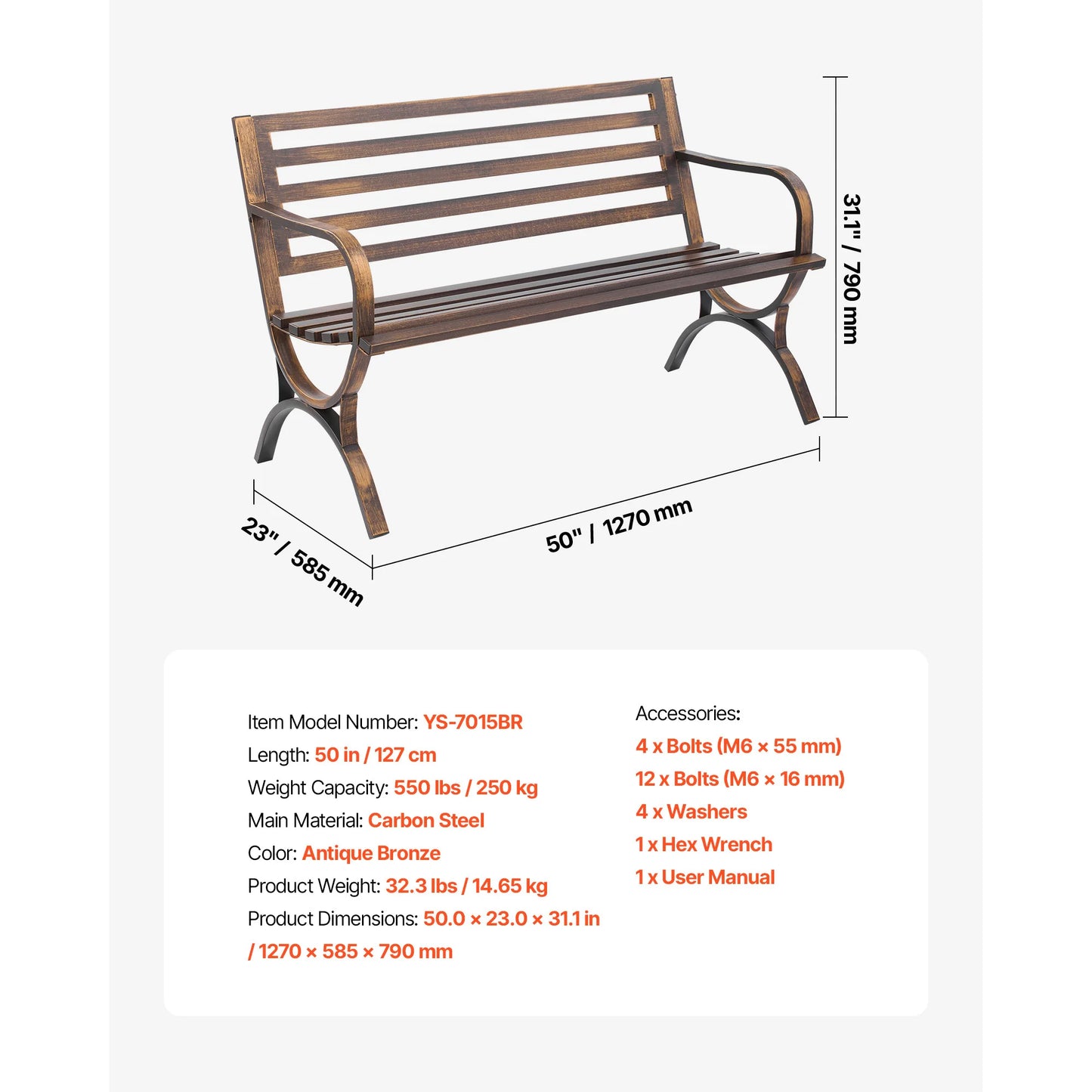 SucceBuy Outdoor Bench Wooden Metal Garden Bench for Outdoors 480 lbs Load Capacity Bench Outdoor Garden Park Bench