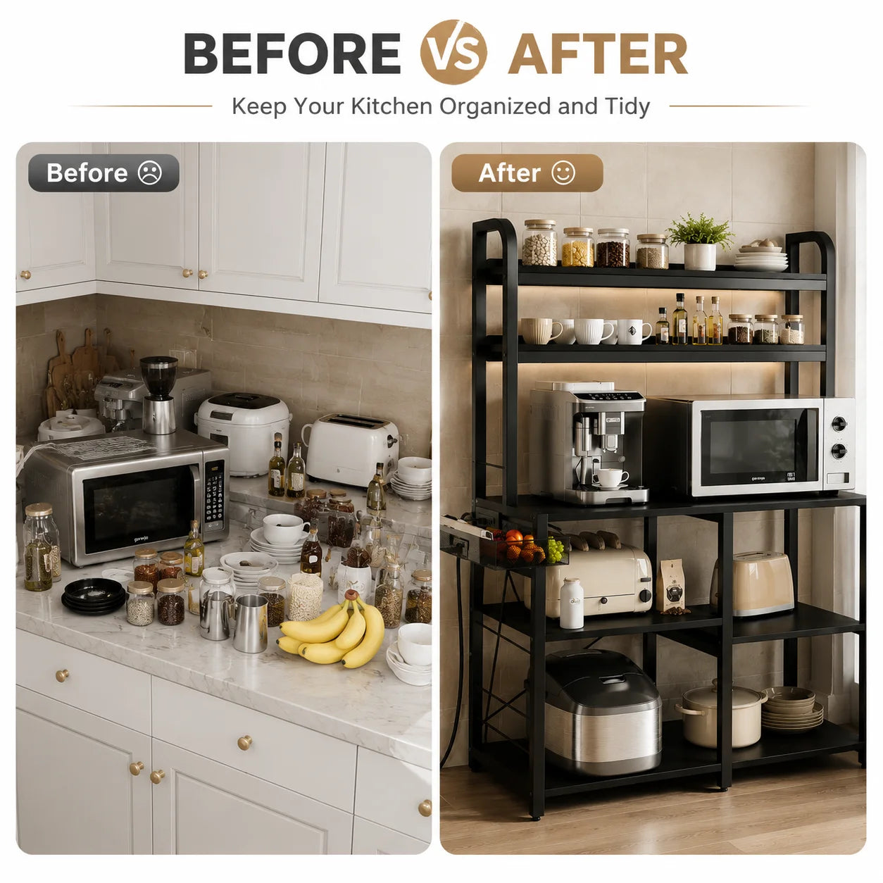 6 Tier Black Baker Rack with Power Outlet, Kitchen Microwave Stand Coffee Bar Station with Wire Drawer & Storage Basket, Large Freestanding Kitchen Organizer Shelf with MDF Board and Steel Frame for Cookware Spices Dining Roo