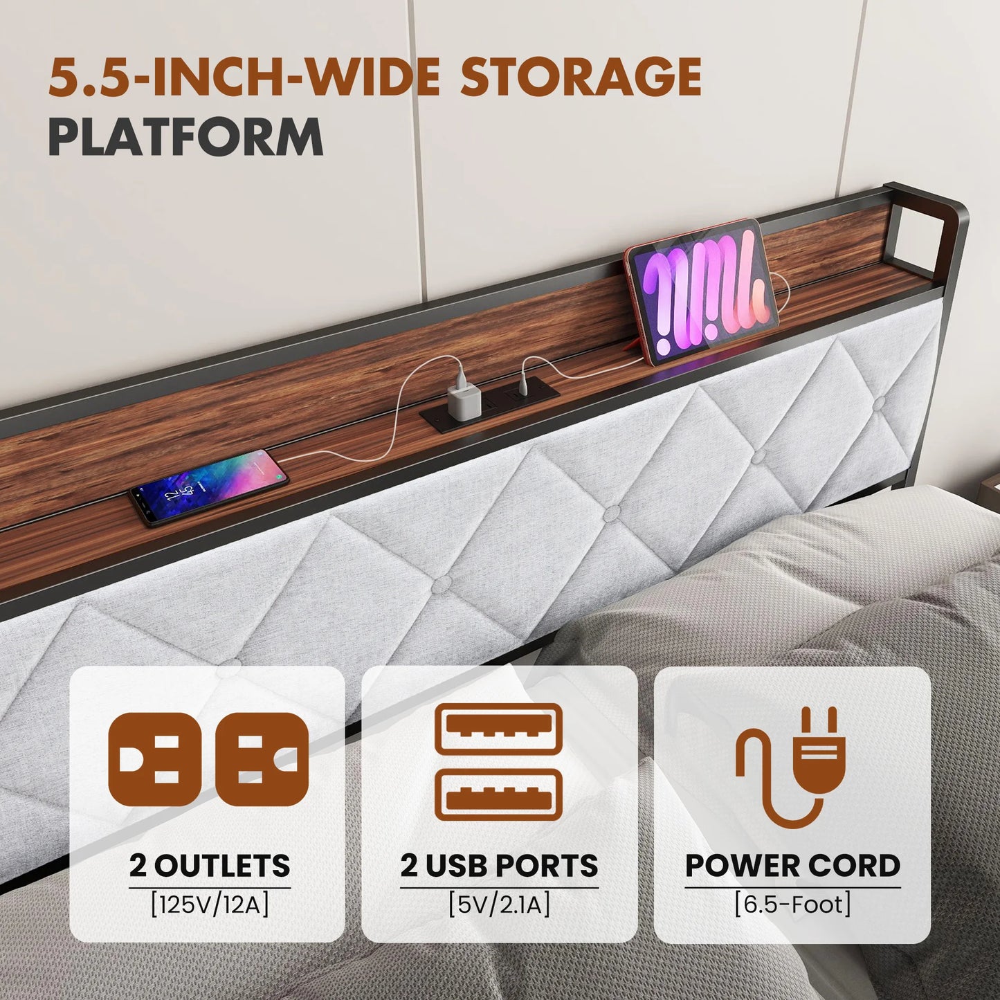 JHK King Size Metal Bed Frame With Storage And Charging Station