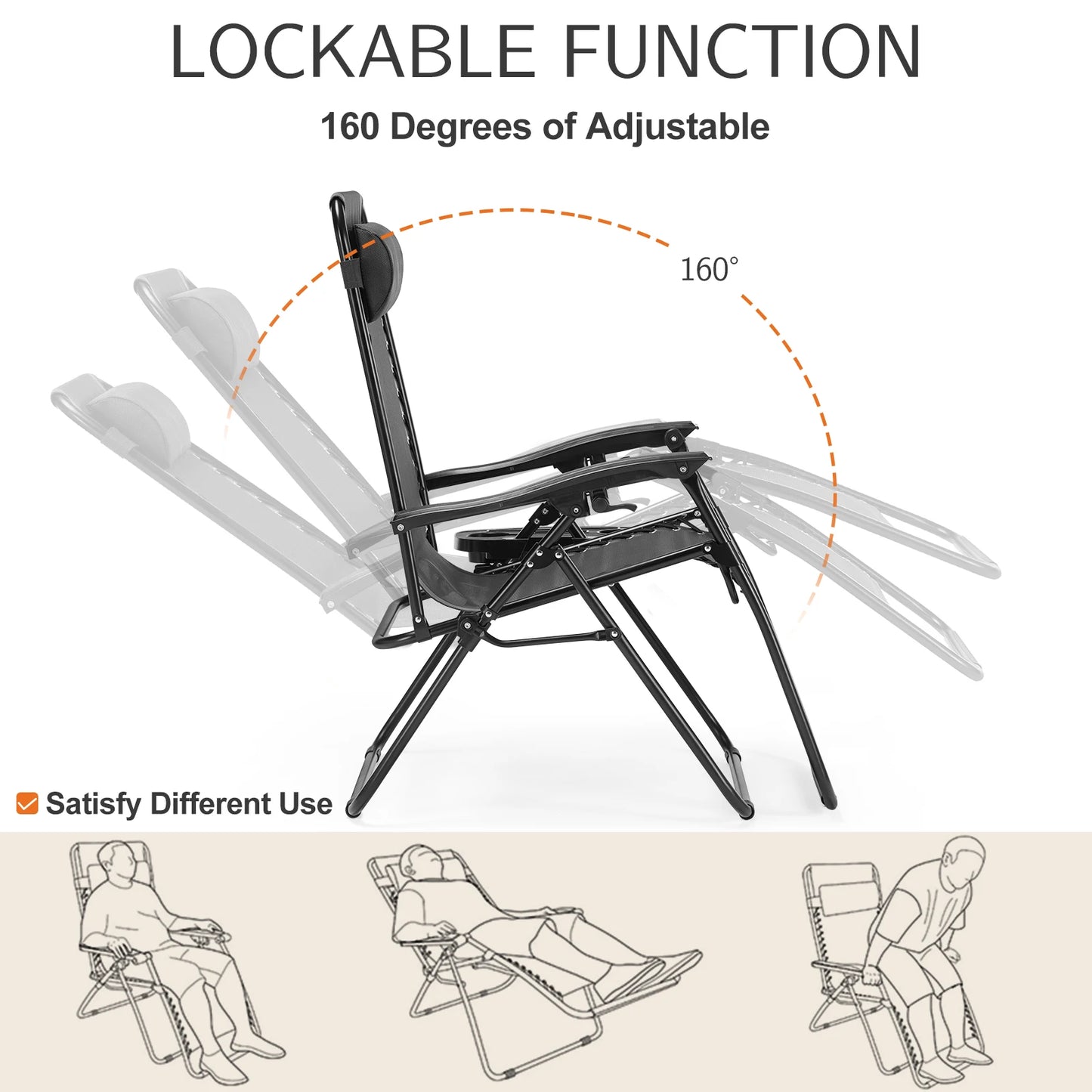 JHK Cup Holder Zero Gravity Portable Recliner For Patio