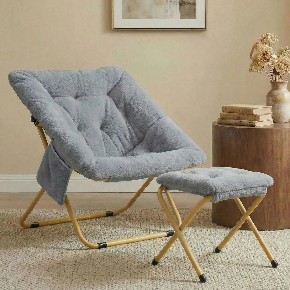 Comfy Saucer Chair with Ottoman,Foldable Lazy Chair Lounge Reading Chair for Adults,Moon Chair for Living Room, Bedroom, Dorms