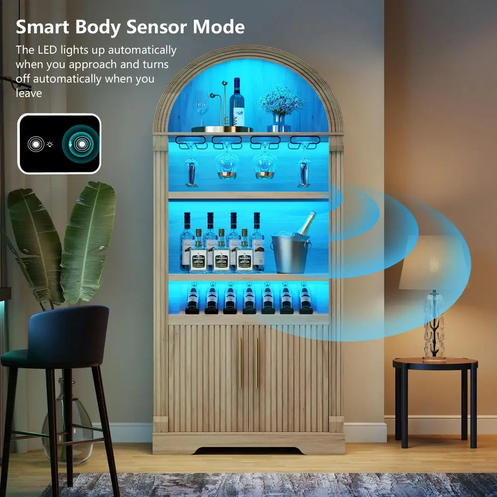 Arched Wine Bar Cabinet With LED Light and Stemware Rack