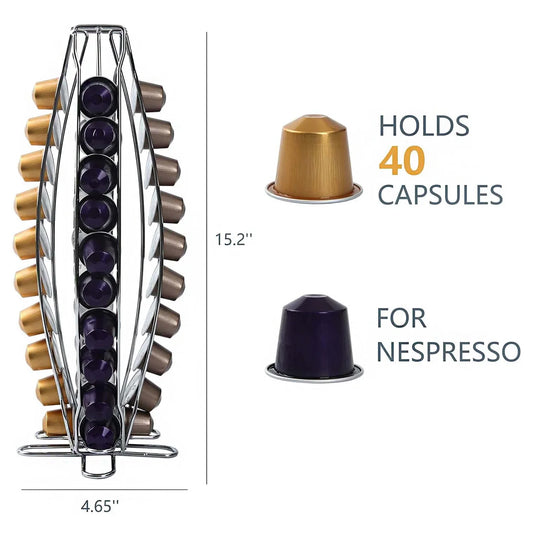 Lorena Rotating Coffee Pod Holder 40 Capsules Capacity Metal Coffee Capsule Storage Rack Stand Organizer Chrome Plated Coffee Pod Dispenser For Nespresso Capsules Kitchen Counter Coffee Station Accessories