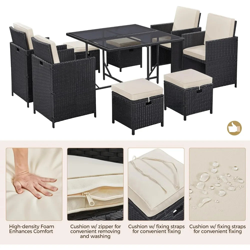 Outdoor Rattan Patio Dining Set With Glass Table And Ottomans