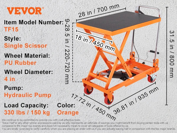 SucceBuy Hydraulic Lift Table Cart With Manual Single Scissor Platform