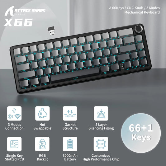 ATTACK SHARK X66 65% Wireless Mechanical Keyboard with Knob, 66 Keys Tri Mode Gasket Hot Swap RGB Gaming Keyboard 60 Percent,PBT