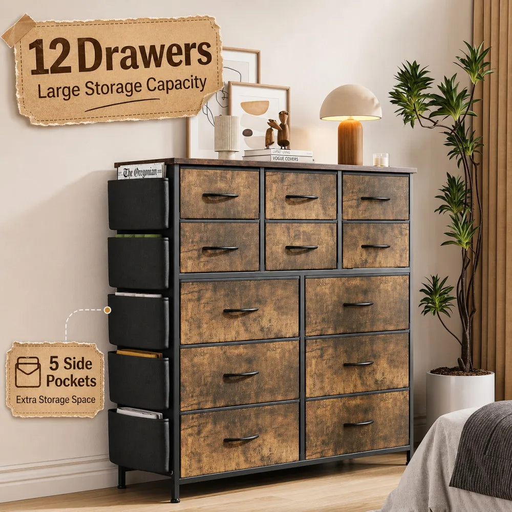 12 Drawer Dresser for Bedroom Fabric Storage Chest with Wood Top Steel Frame Side Pockets Hooks Organizer Cabinet for Living Room Entryway Bathroom Rustic Brown