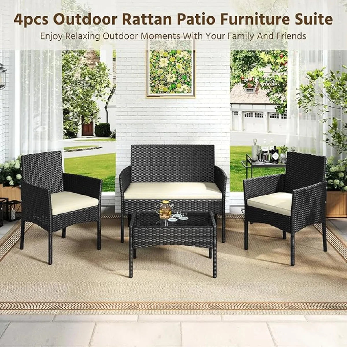XIUWO 4-Piece Patio Furniture Set Rattan Wicker With Glass Table