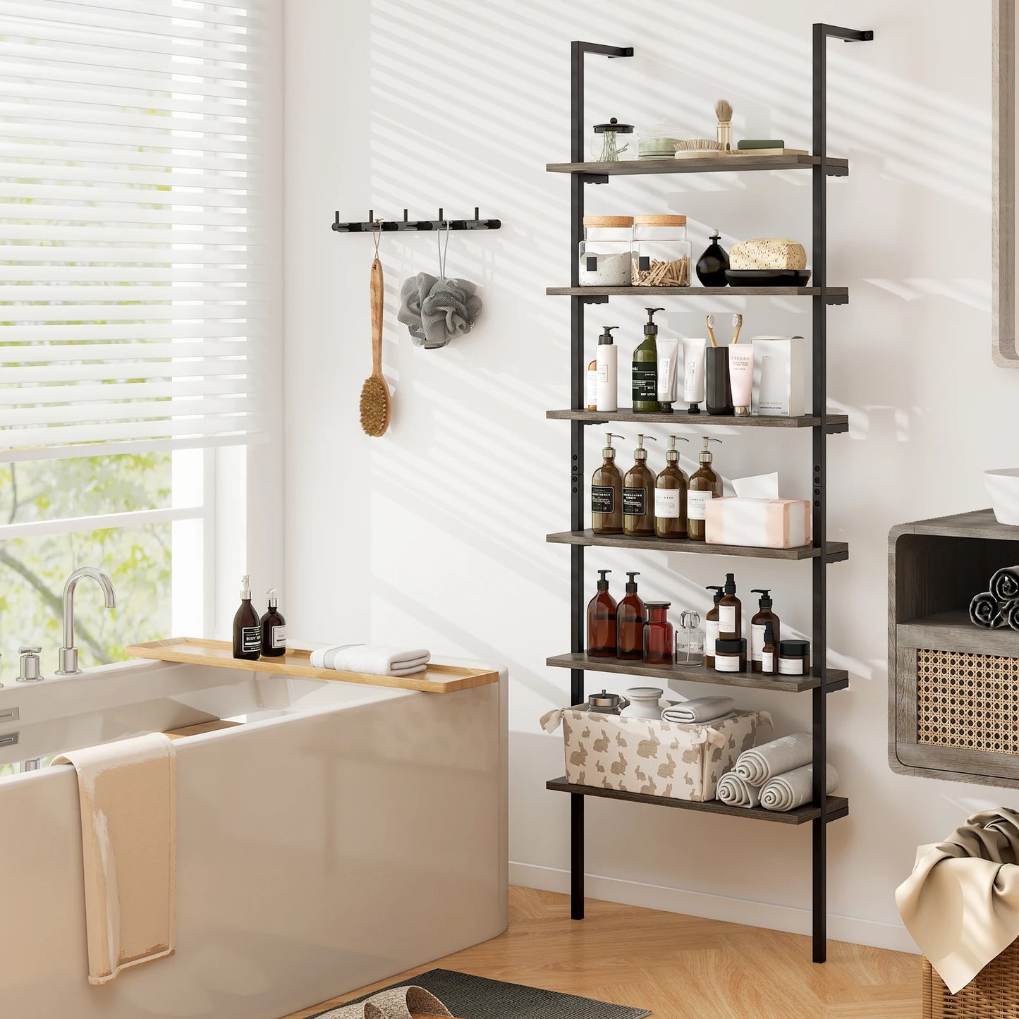 6-tier Ladder Shelf 72 Inches Industrial Wall Mounted Bookshelf Oak