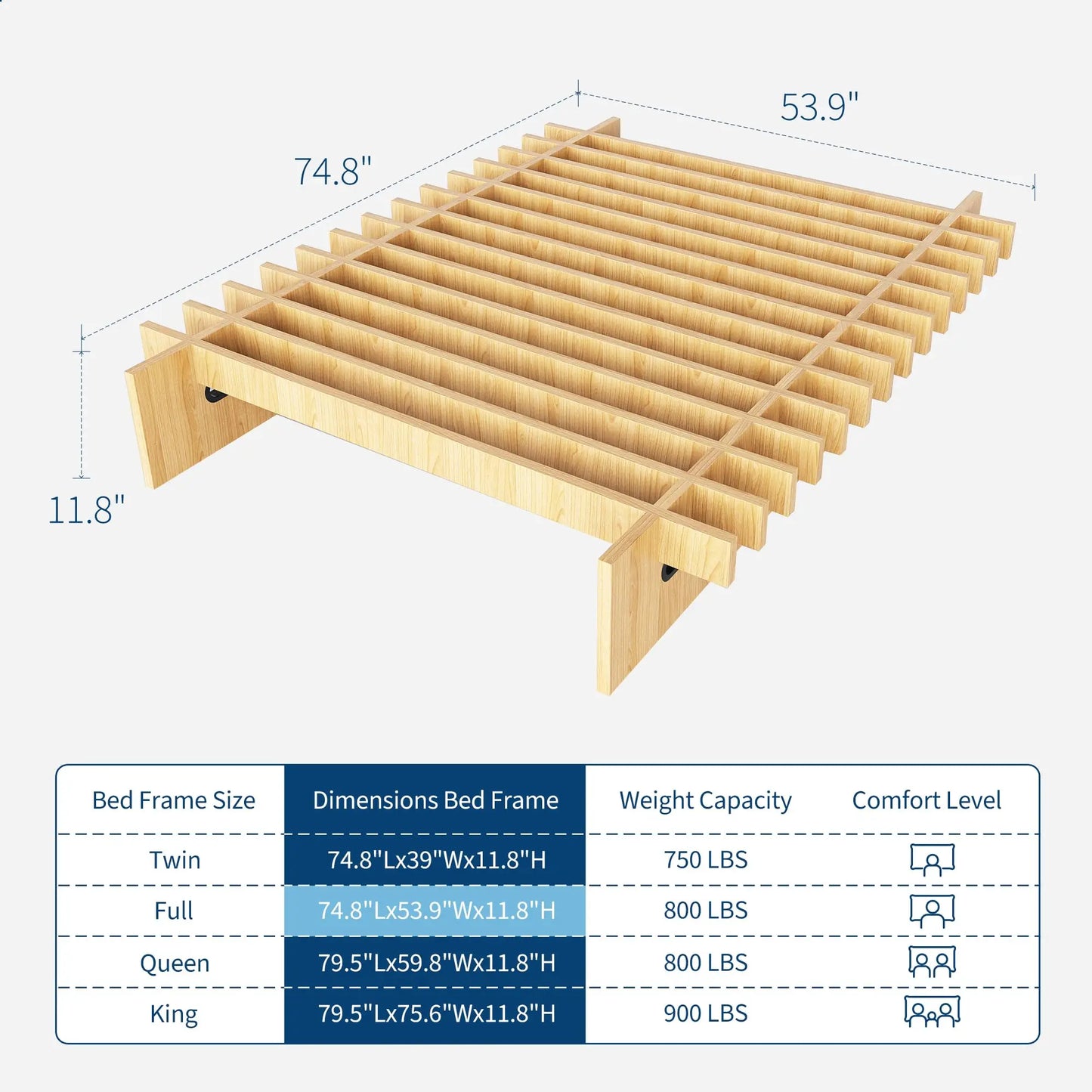 Wood Platform Bed Frame Twin Full Queen King, Low Profile Bed Frame No Headboard, No Box Spring Needed, 12 Inch Underbed Storage