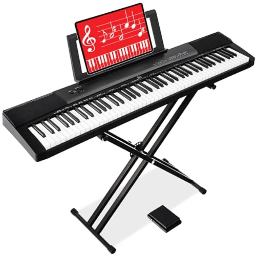 Digital piano for home practice and live performance: 88-key semi-weighted keyboard in black, with built-in speakers, 6 voice s