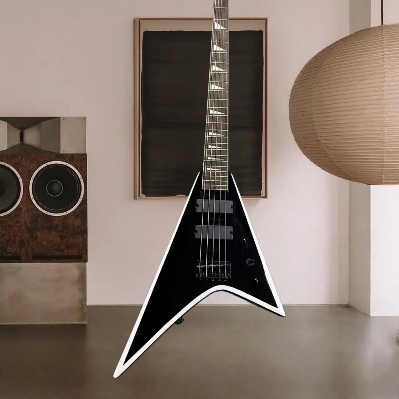 The New V-shaped Electric Guitar Features A Black Band with White Edging and A 5-string Bass Design That Is Suitable As A Holiday Gift