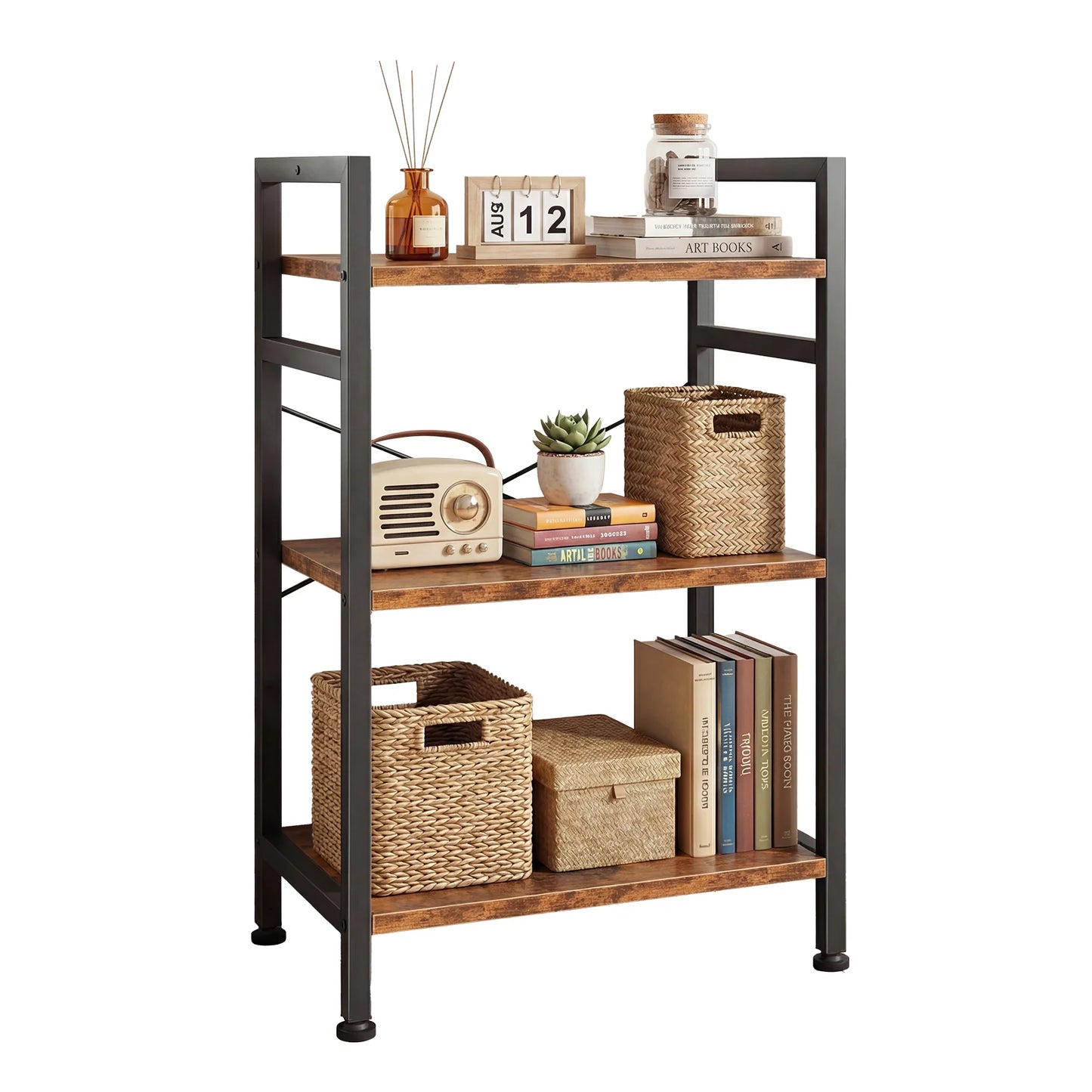 MCQ 3 Tiers Bookshelf Wooden Storage Standing Display Bookshelf Sturdy Structure Graduated Shelves Adjustable Feet for Home