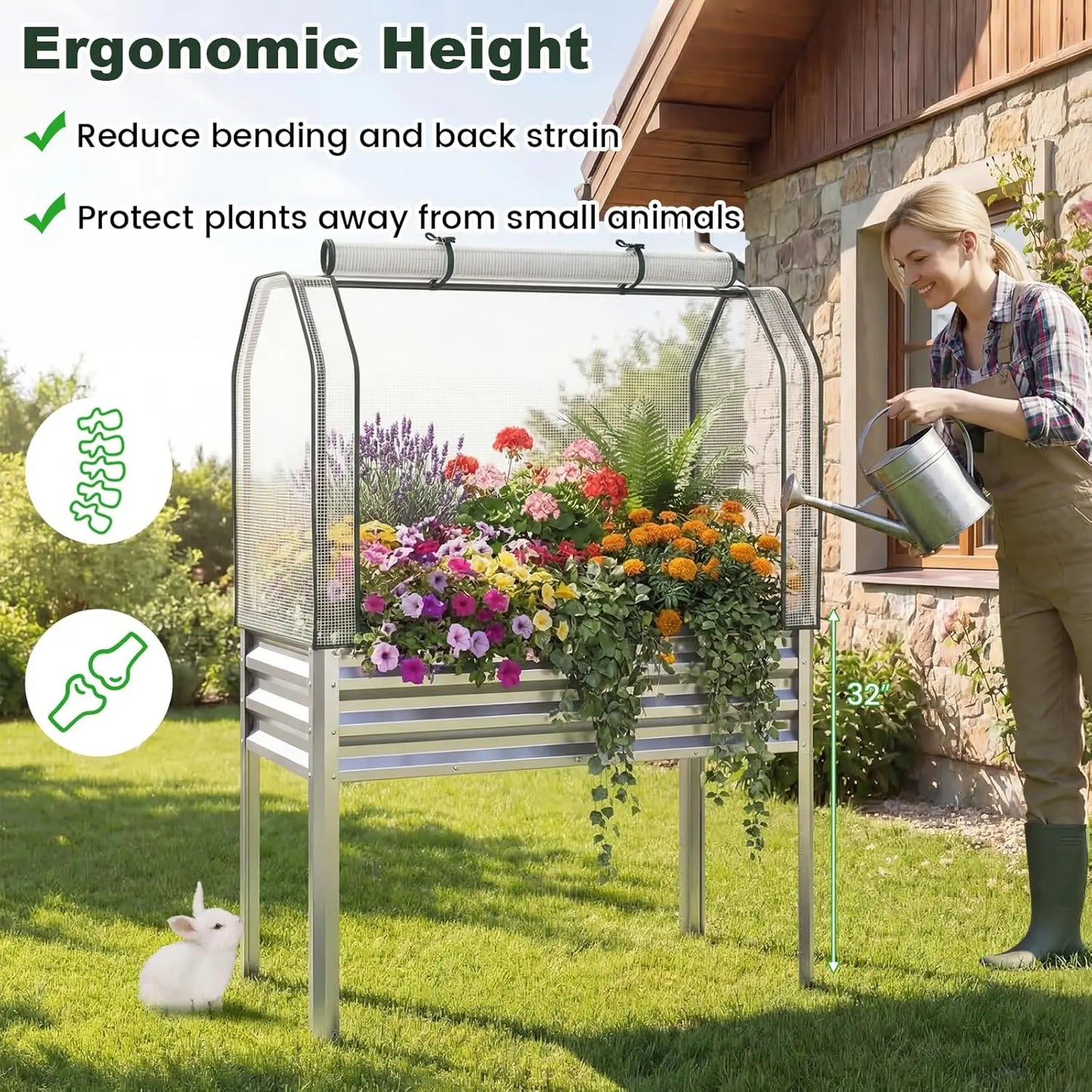 Raised Metal Garden Bed With Legs And Greenhouse Cover Roll Up Door