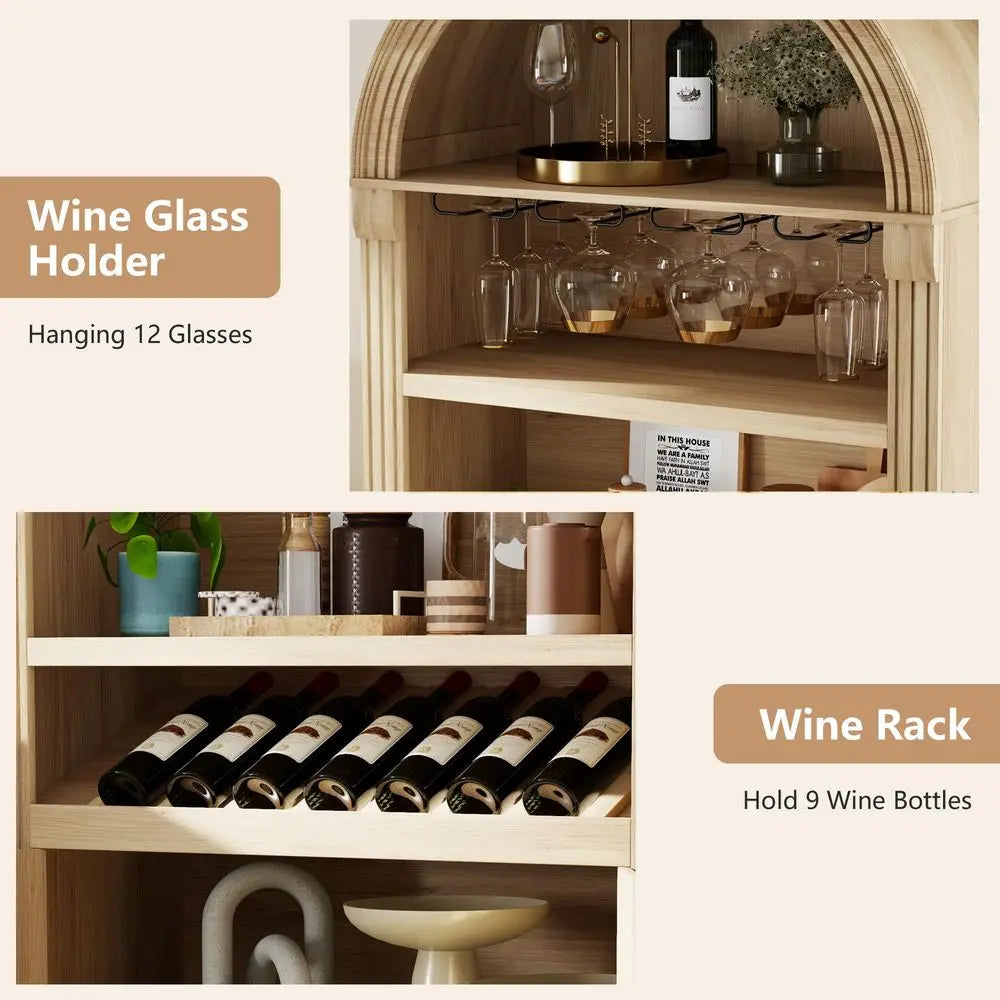 Arched Wine Bar Cabinet With LED Light and Stemware Rack