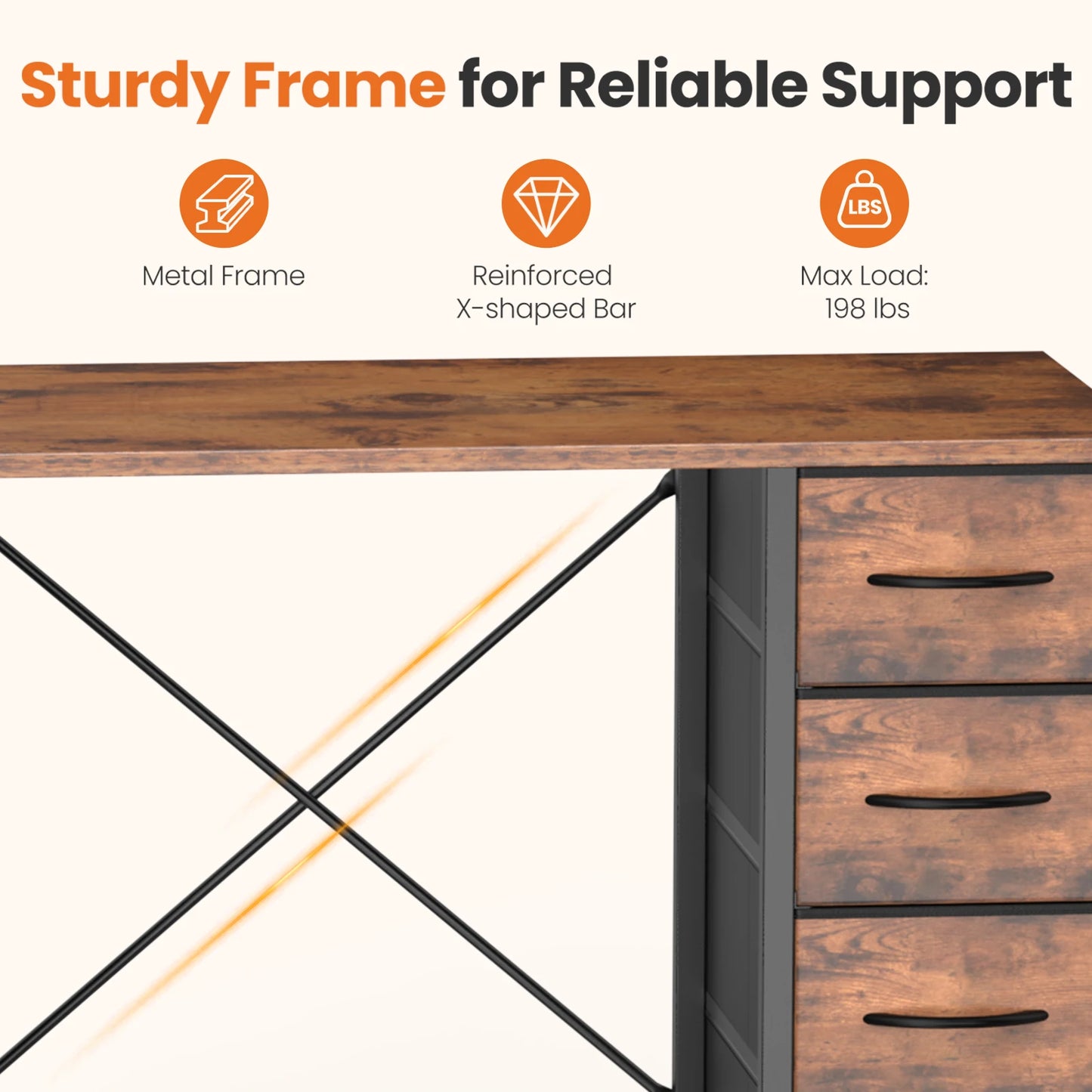 JHK Office Desk With 8 Fabric Drawers And X-Shaped Reinforcement